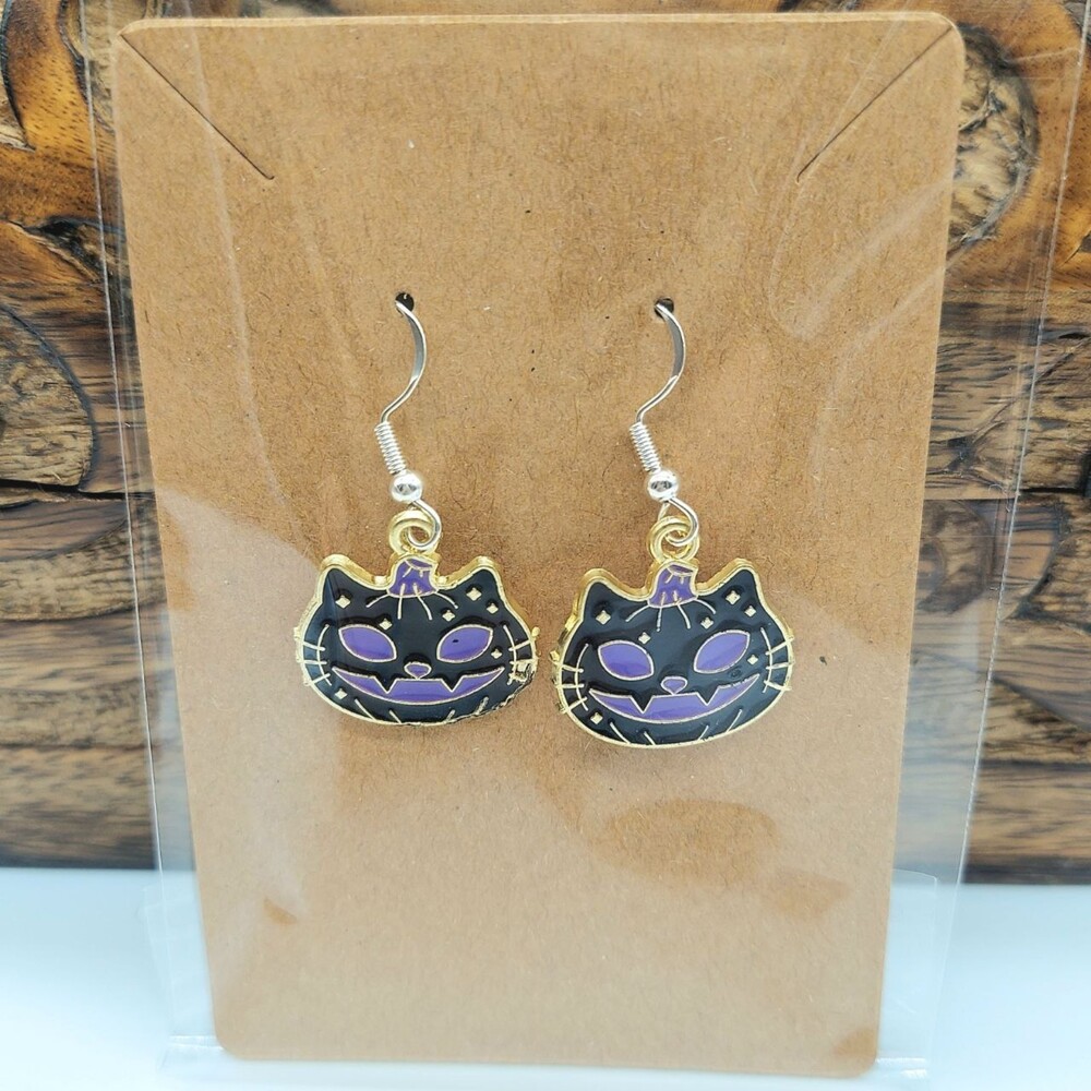 Cat O Lantern Pumpkin Earrings Halloween Earrings Black and Purple